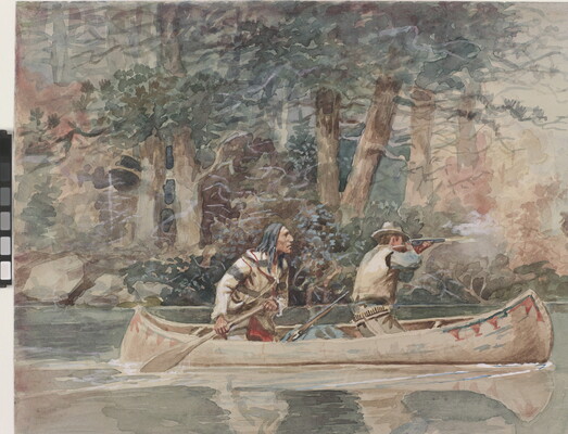 A watercolor of two men in a canoe, one of whom is taking aim with his gun at an elk on shore.