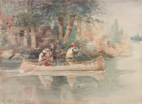 A watercolor of two men in a canoe, one of whom is taking aim with his gun at an elk on shore.