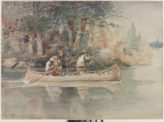 A watercolor of two men in a canoe, one of whom is taking aim with his gun at an elk on shore.