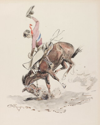 A watercolor of a White cowboy, holding his hat in the air, riding a bucking horse.