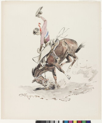 A watercolor of two men in a canoe, one of whom is taking aim with his gun at an elk on shore.