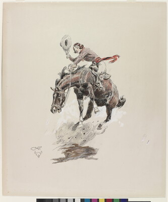 A watercolor of a White woman holding a cowboy hat riding a bucking horse.