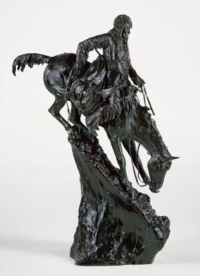 A bronze sculpture of a man going down a very steep mountain on horseback.