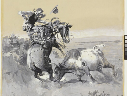 A detail of a watercolor painting of a cowboy about to be thrown from his rearing horse as a longhorn cow charges.