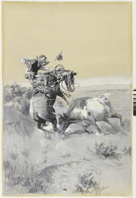 A watercolor painting of a cowboy about to be thrown from his rearing horse as a longhorn cow charges.