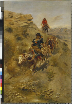 An oil painting of Indigenous women on horseback hauling dead antelope down a hill.