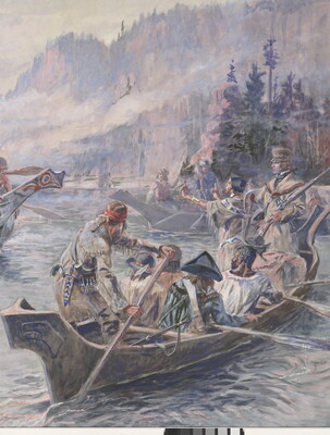 A detail of the explorers in a watercolor of American Indians and explorers in wood canoes meeting on a calm river.