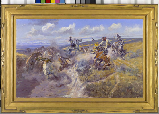 An oil painting of cowboys on horseback roping a group of cattle.