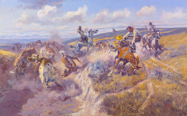 An oil painting of cowboys on horseback roping a group of cattle.