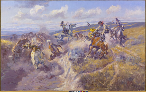 An oil painting of cowboys on horseback roping a group of cattle.