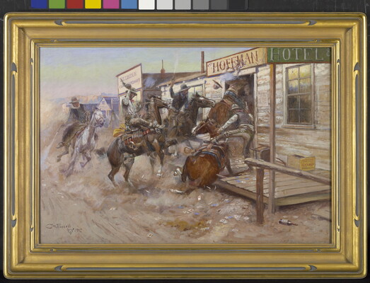 An oil painting of cowboys on horseback firing guns as they bust into a hotel; playing cards, liquor bottles, and dust scatter the dirt road.