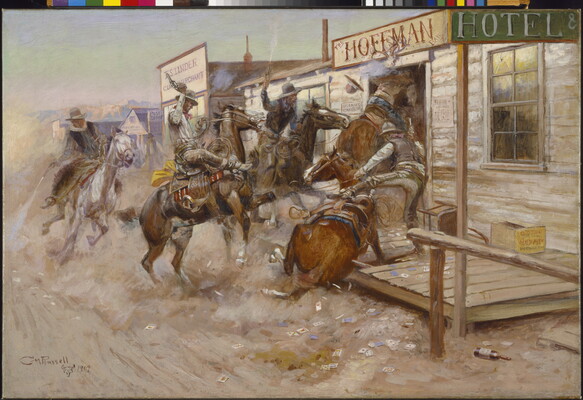 An oil painting of cowboys on horseback firing guns as they bust into a hotel; playing cards, liquor bottles, and dust scatter the dirt road.