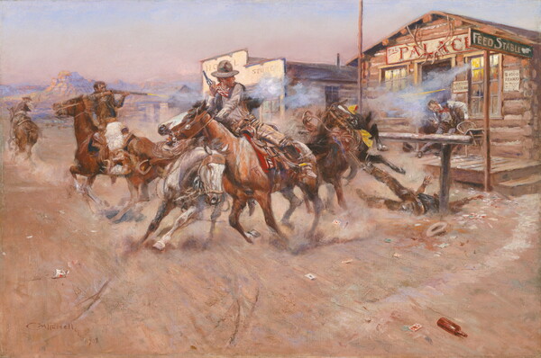 An oil painting of a group of cowboys on horseback shooting at a man at the door of a log building called "The Palace."
