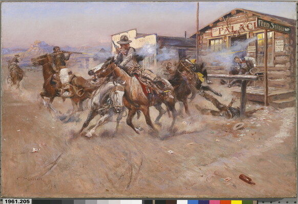 An oil painting of a group of cowboys on horseback shooting at a man at the door of a log building called "The Palace."