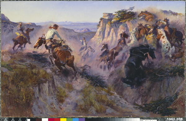 An oil painting of cowboys on horseback trying to rope a herd of horses running up a steep, rocky cliff.