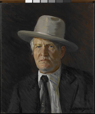 An oil painting portrait of a White man in a cowboy hat, black jacket, white shirt, and black tie.