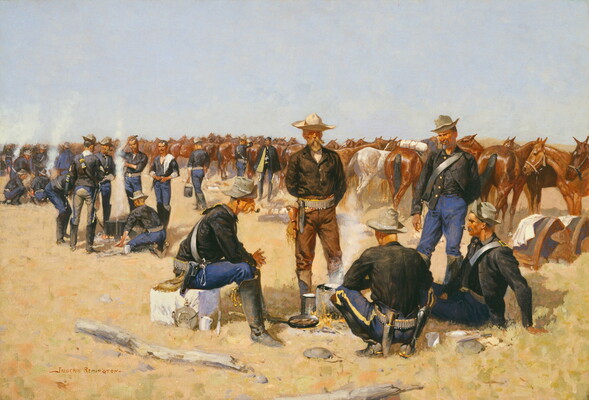 An oil painting of a group of White soldiers around cooking fires with their horses in the background.