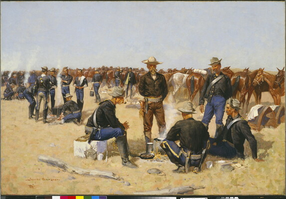 An oil painting of a group of White soldiers around cooking fires with their horses in the background.