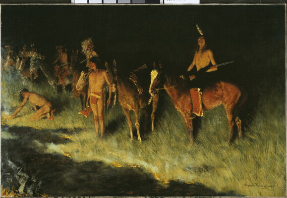 An oil painting of Native Americans on horseback near a grass fire at night.