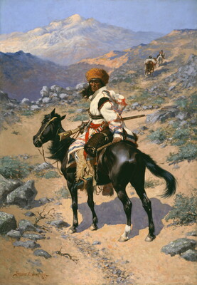 An oil painting of an Indigenous person on horseback dressed in warm clothing holding a rifle in his lap and looking over his shoulder at the viewer.