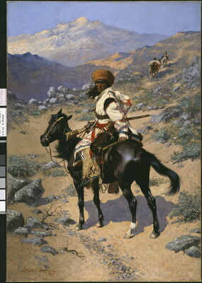 An oil painting of an Indigenous person on horseback dressed in warm clothing holding a rifle in his lap and looking over his shoulder at the viewer.