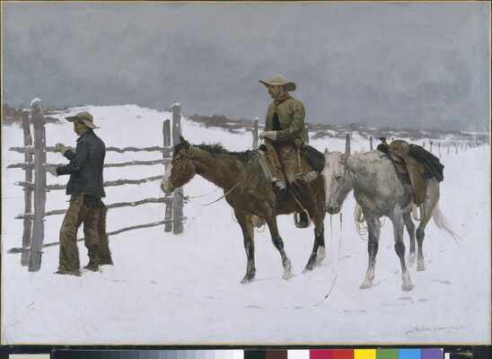 An oil painting of two men with their horses in the snow stopped at a fence.