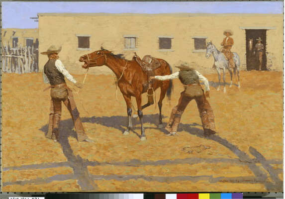 A oil painting of two cowboys approaching a frightened horse in a corral as two others watch from the background.