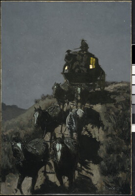 An oil painting of a stagecoach coming over a hill at night.