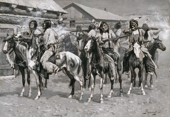 A black-and-white painting of Indigenous people on horseback firing rifles in front of log buildings.