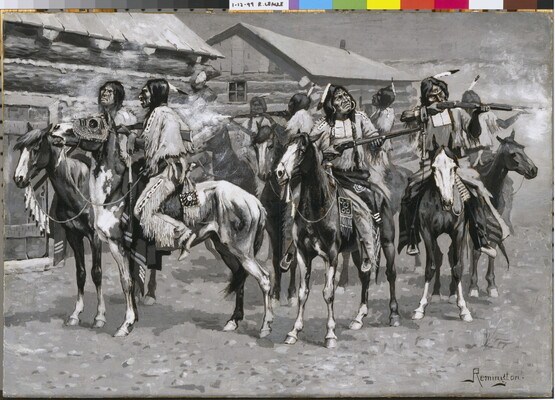 A black-and-white painting of Indigenous people on horseback firing rifles in front of log buildings.