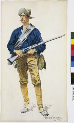 A color portrait of a standing White man wearing a hat, a blue blouse, khaki pants, and holding a rifle.