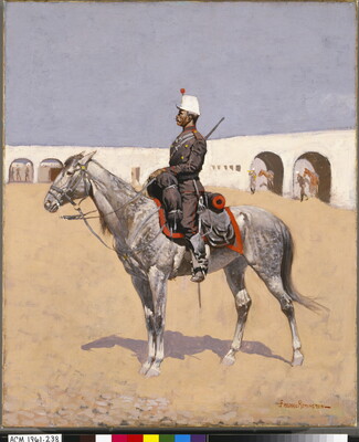 An oil painting of a uniformed soldier sitting on a gray horse.