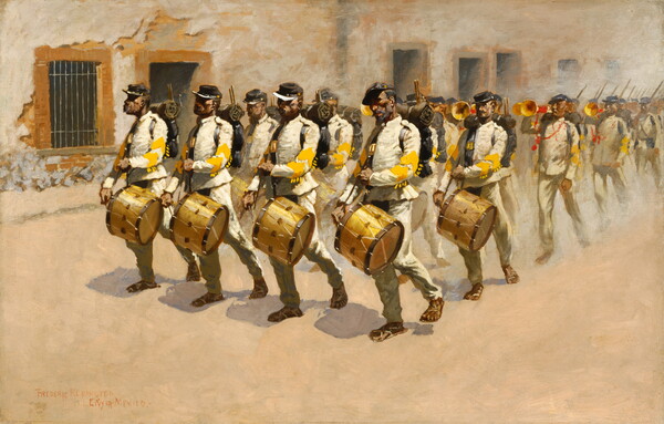 A painting of lines of men in military uniforms marching down a dirt street beating drums, playing trumpets, and holding rifles.
