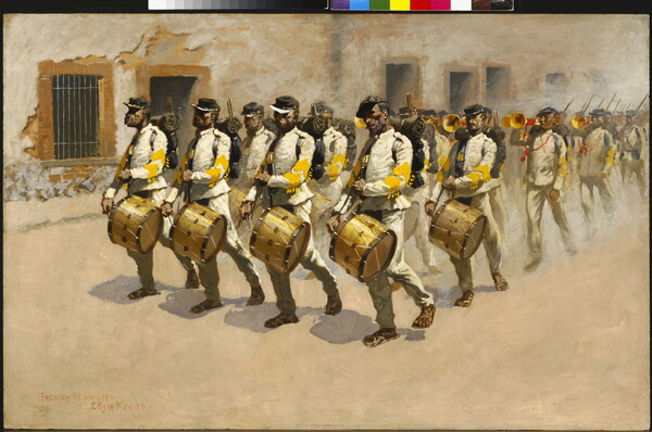 A painting of lines of men in military uniforms marching down a dirt street beating drums, playing trumpets, and holding rifles.