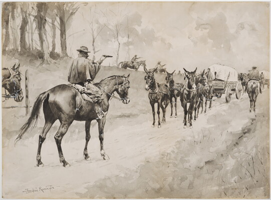 A black-and-white ink drawing of men on horseback holding pistols, surrounding a covered wagon led by horses.