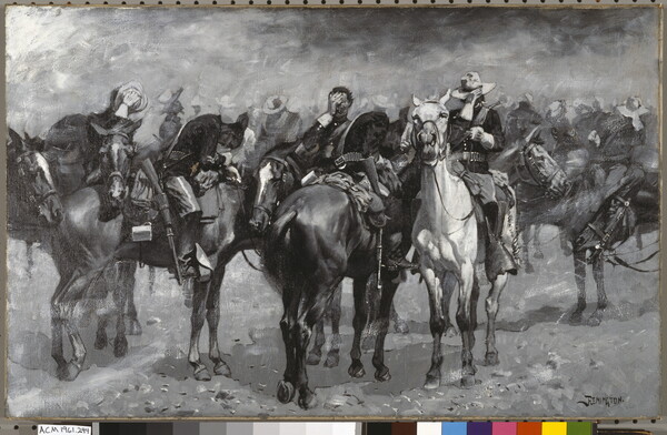 A black-and-white oil painting of a group of soldiers on horseback covering their faces with their hats or hands.