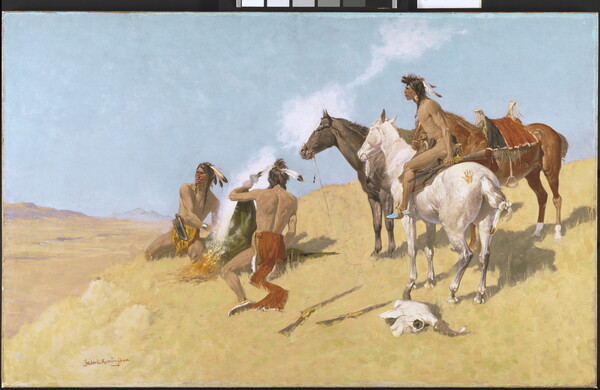 An oil painting of two Indigenous men sending smoke signals on the ground as another Indigenous man on horseback looks into the distance.
