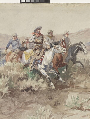 A detail of a watercolor of cowboys on horseback riding through clumps of grass on an open plain.