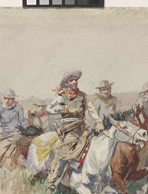 A detail of a watercolor of cowboys on horseback riding through clumps of grass on an open plain.