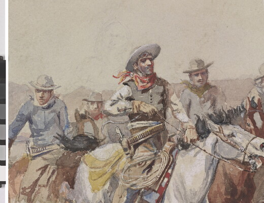 A detail of a watercolor of cowboys on horseback riding through clumps of grass on an open plain.
