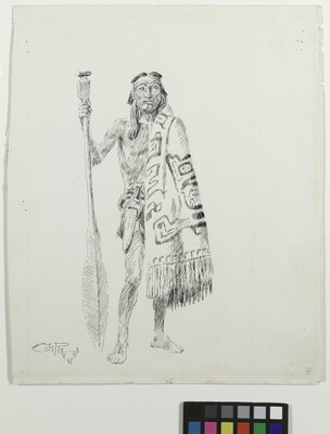 A black-and-white ink drawing of an Indigenous man holding a spear in one hand and a Native cloth draped over the right shoulder.