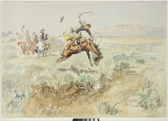 A watercolor of a cowboy hanging on to a bucking horse as other cowboys watch.