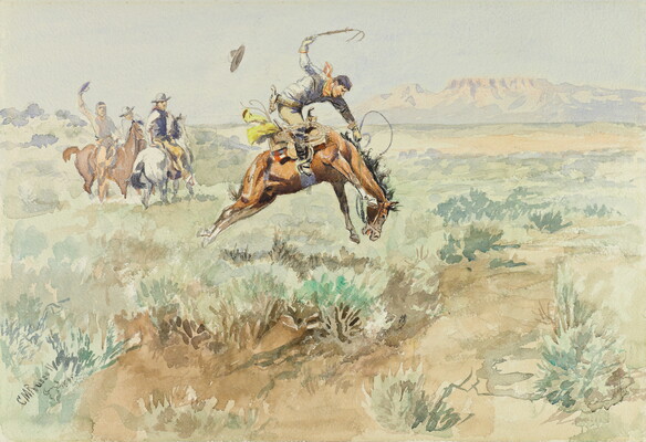 A watercolor of a cowboy hanging on to a bucking horse as other cowboys watch.