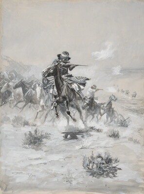 A black-and-white watercolor of a group of people riding horses in a battle and shooting firearms.