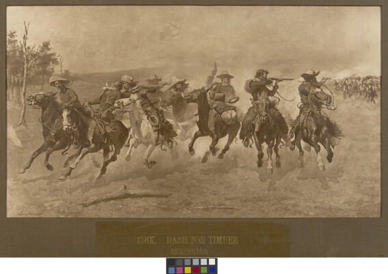 A black-and-white photograph of a painting of a group of men on horseback riding toward the viewer, shooting guns over their shoulders at people in pursuit.