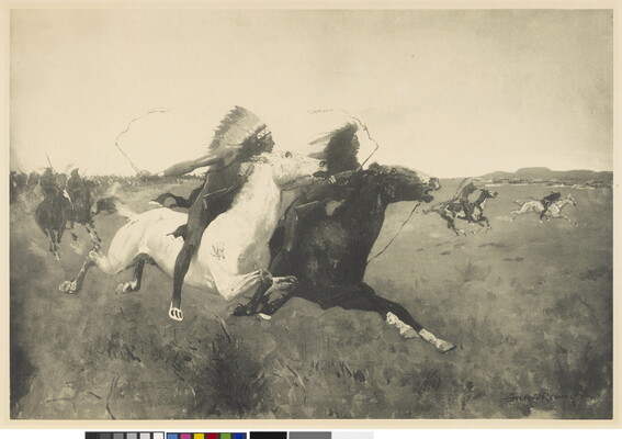 A black-and-white print of two Native Americans in traditional dress on running horses with other Native Americans on horses in the background.