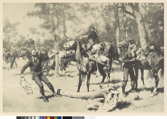 A black-and-white print of soldiers, some on horseback and others standing and pulling on their horses' reins, in a wooded field.