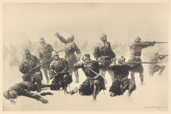 A black-and-white print of soldiers wearing helmets and long coats standing and kneeling in a snowy field firing their rifles.