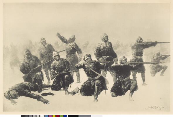 A black-and-white print of soldiers wearing helmets and long coats standing and kneeling in a snowy field firing their rifles.