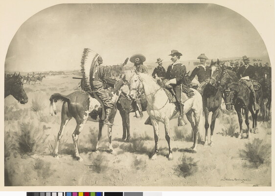 A black-and-white print of a mounted Indigenous man wearing a feathered headdress meeting with White men in military uniforms on horseback.